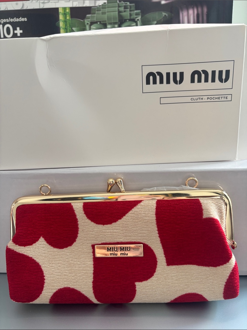 GWP Miu Miu Red and Cream Heart-Print Frame Clutch with Gold Hardware